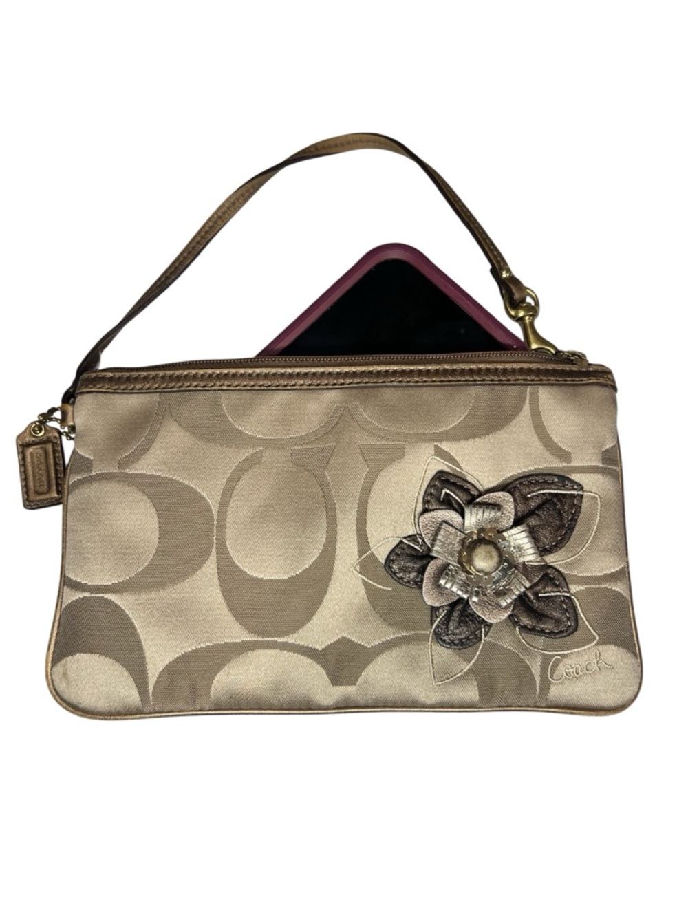 Coach Signature Khaki Flower Appliqué Wristlet clutch - Picture 2 of 4